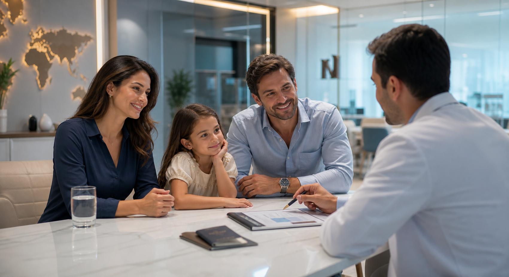 Família estrangeira em consulta sobre seguro saúde internacional